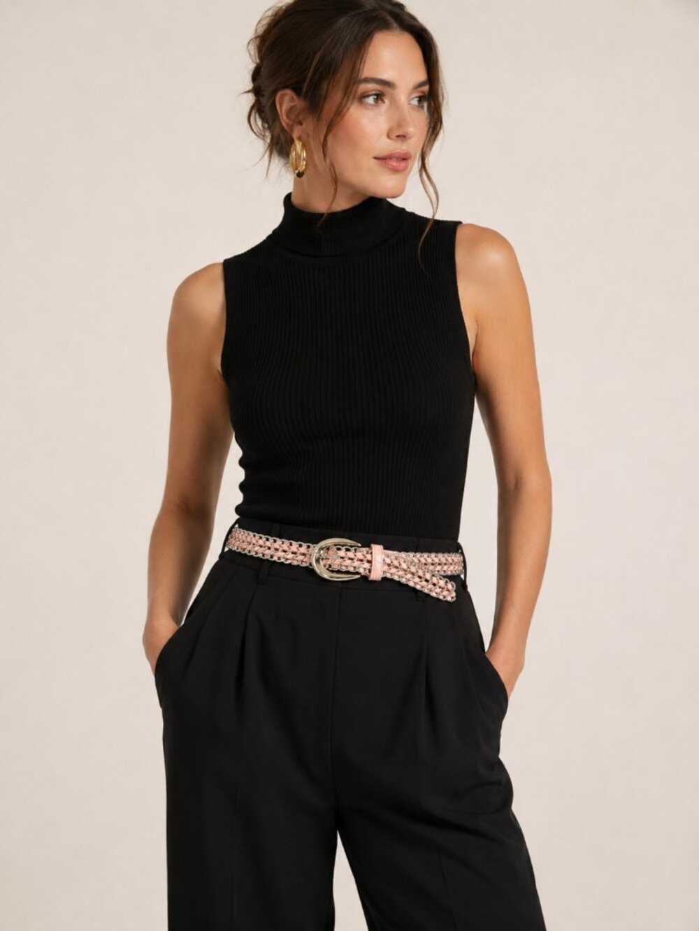 Vintage 80s Pink Gloss Leather Chain Metal Belt Womens Size M/L Braided Retro
